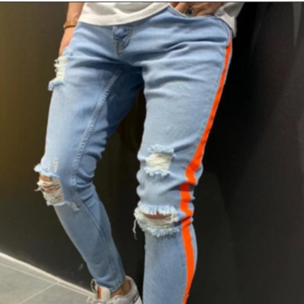 Contrast Color Fashion Male Ripped Jeans